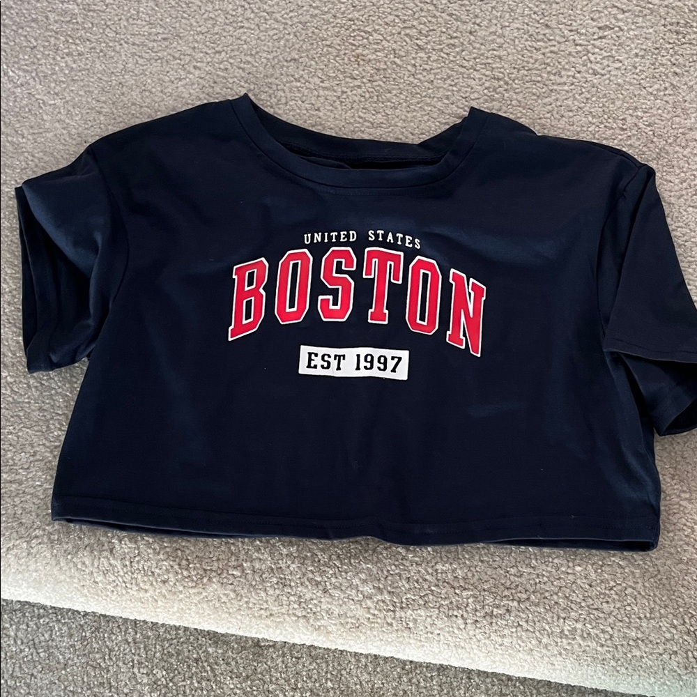 Boston Graphic Cropped Tee - Navy with Red Lettering